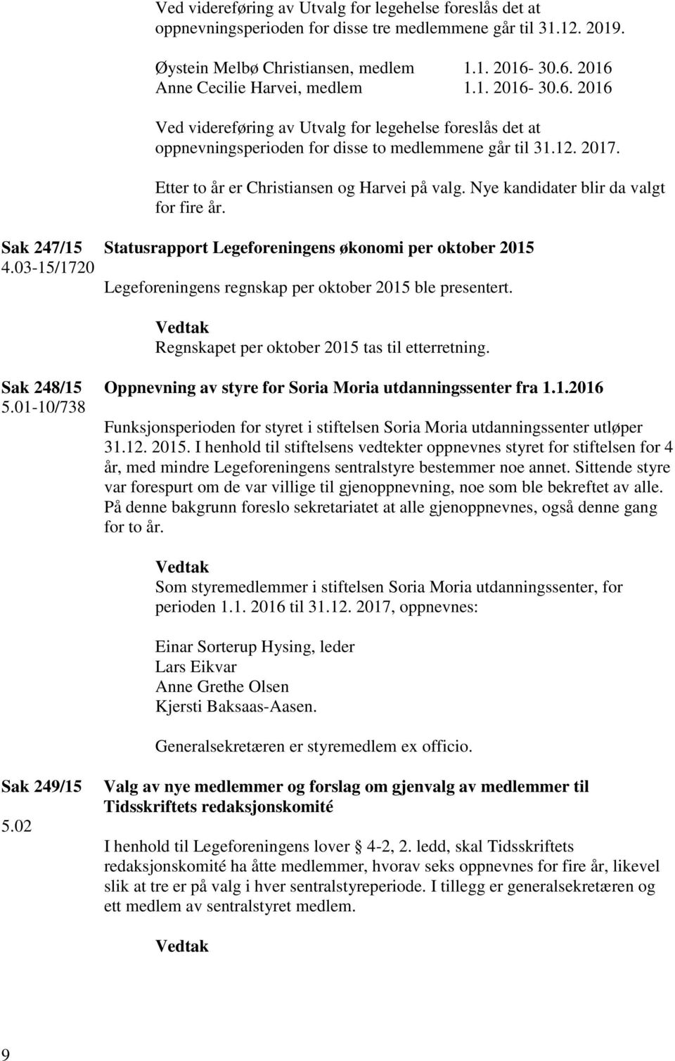 Etter to år er Christiansen og Harvei på valg. Nye kandidater blir da valgt for fire år. Sak 247/15 Statusrapport Legeforeningens økonomi per oktober 2015 4.