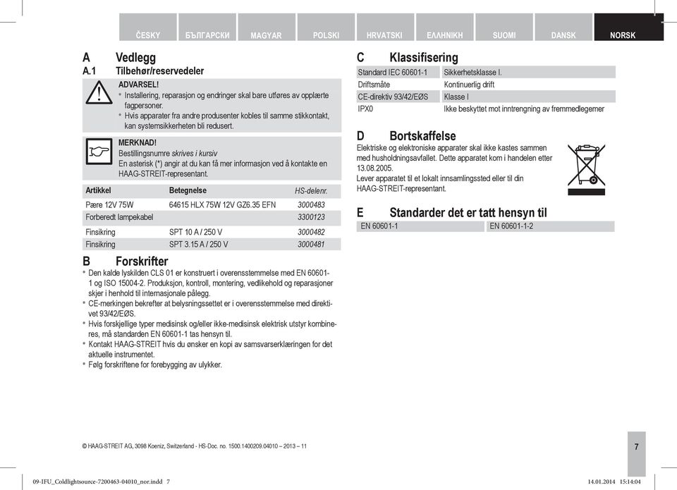 Beslingsnumre skrives i kursiv En asterisk (* angir at du kan få mer informasjon ved å kontakte en HAAG-STREIT-representant. Artikkel Betegnelse HS-delenr. Pære 12V 75W 64615 HLX 75W 12V GZ6.