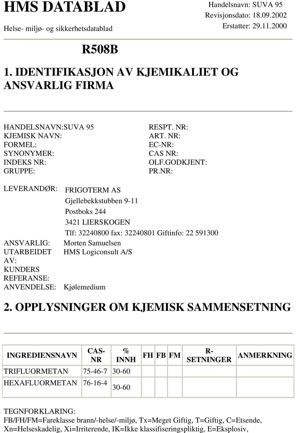 NR: LEVERANDØR: FRIGOTERM AS Gjellebekkstubben 911 Postboks 244 3421 LIERSKOGEN Tlf: 32240800 fax: 32240801 Giftinfo: 22 591300 ANSVARLIG: Morten Samuelsen UTARBEIDET HMS Logiconsult A/S AV: KUNDERS