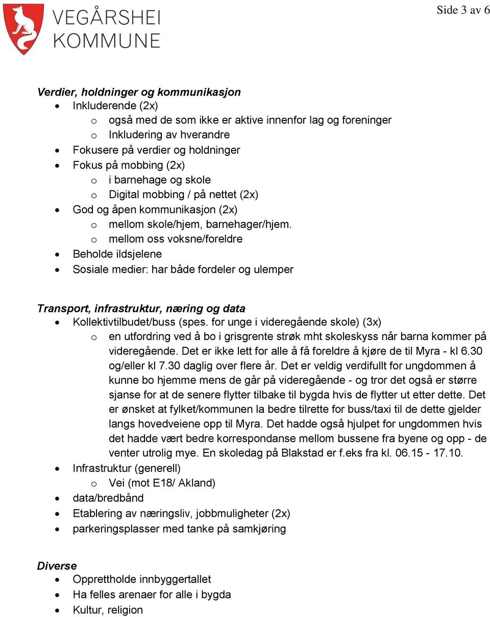 o mellom oss voksne/foreldre Beholde ildsjelene Sosiale medier: har både fordeler og ulemper Transport, infrastruktur, næring og data Kollektivtilbudet/buss (spes.