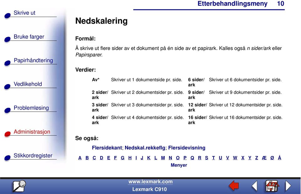 side. Skriver ut 4 dokumentsider pr. side. 9 sider/ ark 12 sider/ ark 16 sider/ ark Flersidekant; Nedskal.