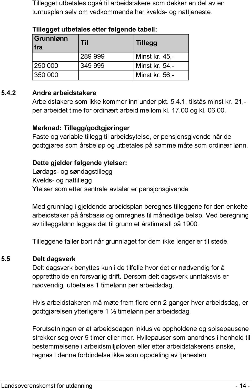 5.4.1, tilstås minst kr. 21,- per arbeidet time for ordinært arbeid mellom kl. 17.00 