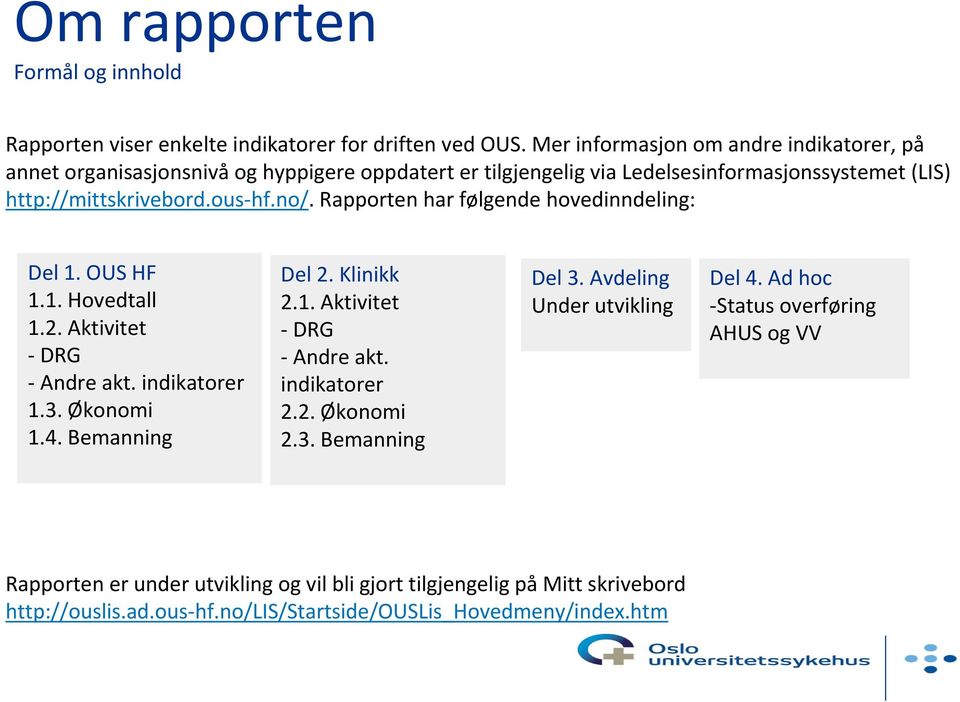 Rapporten har følgende hovedinndeling: Del 1. OUS HF 1.1. Hovedtall 1.2. Aktivitet DRG Andre akt. indikatorer 1.3. Økonomi 1.4. Bemanning Del 2. Klinikk 2.1. Aktivitet DRG Andre akt. indikatorer 2.