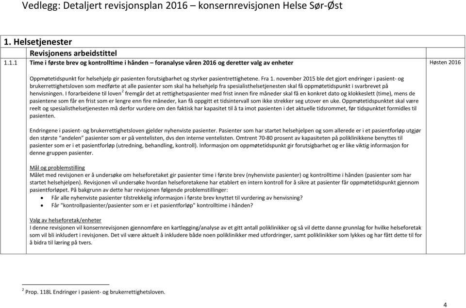 november 2015 ble det gjort endringer i pasient- og brukerrettighetsloven som medførte at alle pasienter som skal ha helsehjelp fra spesialisthelsetjenesten skal få oppmøtetidspunkt i svarbrevet på