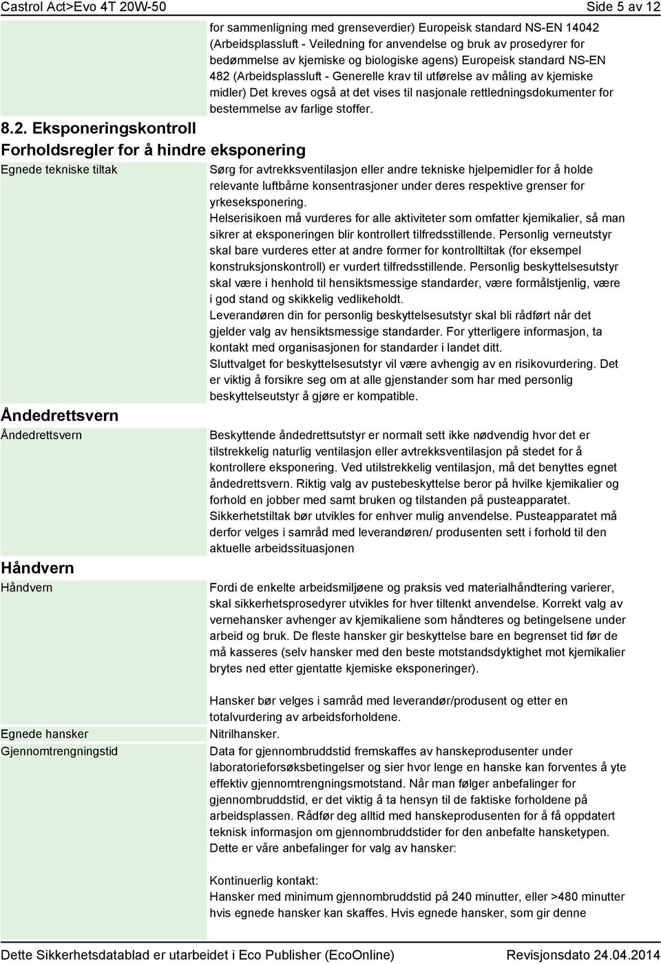 8.2. Eksponeringskontroll Forholdsregler for å hindre eksponering Egnede tekniske tiltak Åndedrettsvern Åndedrettsvern Håndvern Håndvern for sammenligning med grenseverdier) Europeisk standard NS-EN