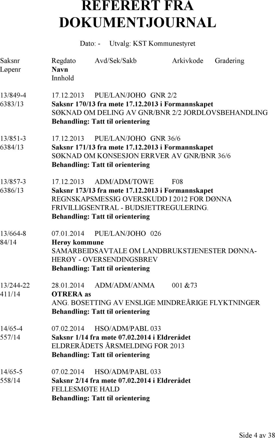 12.2013 i Formannskapet SØKNAD OM KONSESJON ERRVER AV GNR/BNR 36/6 13/857-3 17.12.2013 ADM/ADM/TOWE F08 6386/13 Saksnr 173/13 fra møte 17.12.2013 i Formannskapet REGNSKAPSMESSIG OVERSKUDD I 2012 FOR DØNNA FRIVILLIGSENTRAL - BUDSJETTREGULERING.