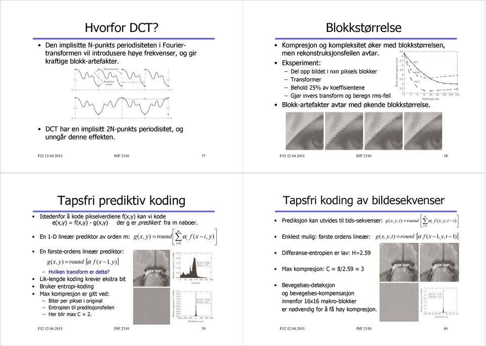 Eksperiment: Del opp bildet i nxn piksels blokker Transformer Behold 25% av koeffisientene Gjør invers transform og beregn rms-feil Blokk-artefakter avtar med økende blokkstørrelse.