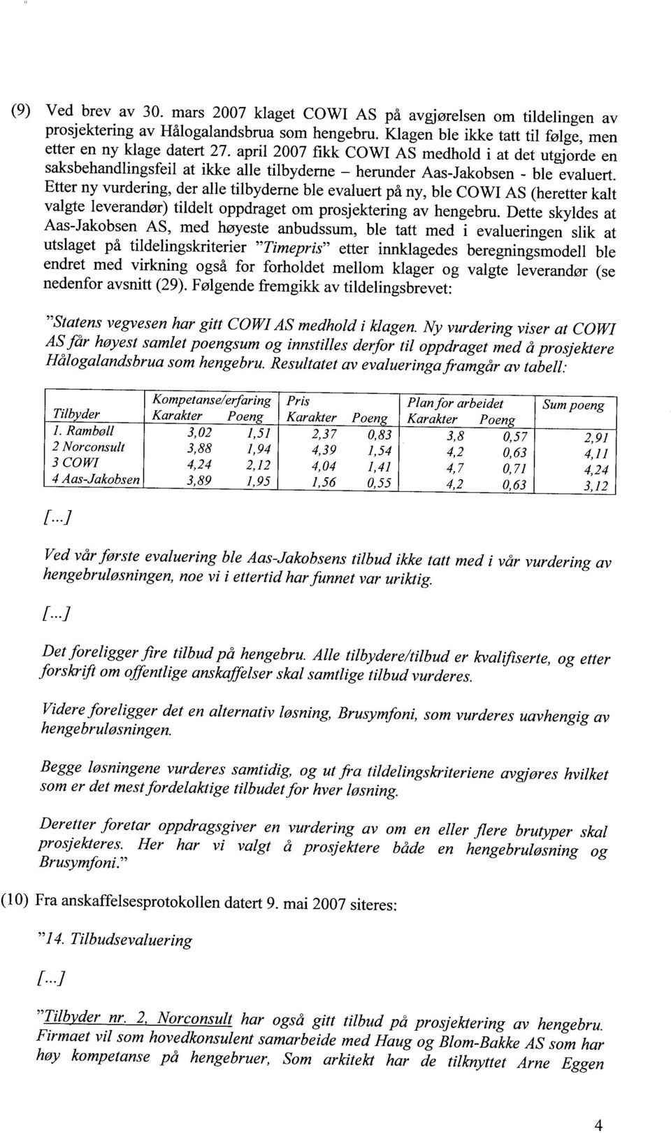 Etter ny vurdering, der alle tilbyderne ble evaluert på ny, ble COWl AS (heretter kalt valgte leverandør) tildelt oppdraget om prosjektering av hengebru.