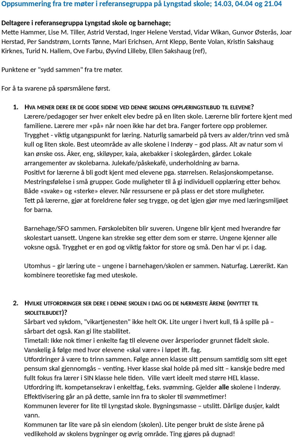 Hallem, Ove Farbu, Øyvind Lilleby, Ellen Sakshaug (ref), Punktene er "sydd sammen" fra tre møter. For å ta svarene på spørsmålene først. 1.