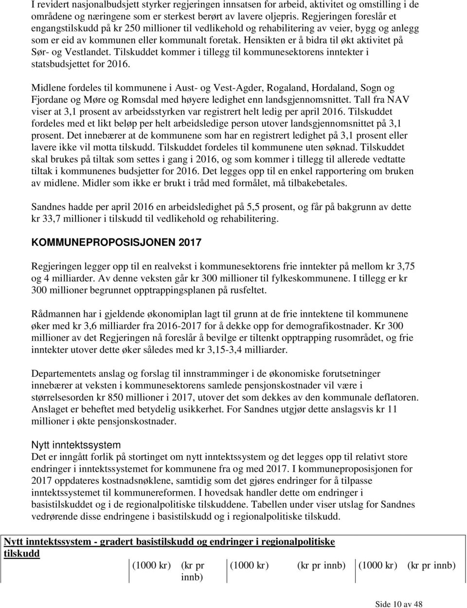 Hensikten er å bidra til økt aktivitet på Sør- og Vestlandet. Tilskuddet kommer i tillegg til kommunesektorens inntekter i statsbudsjettet for 2016.