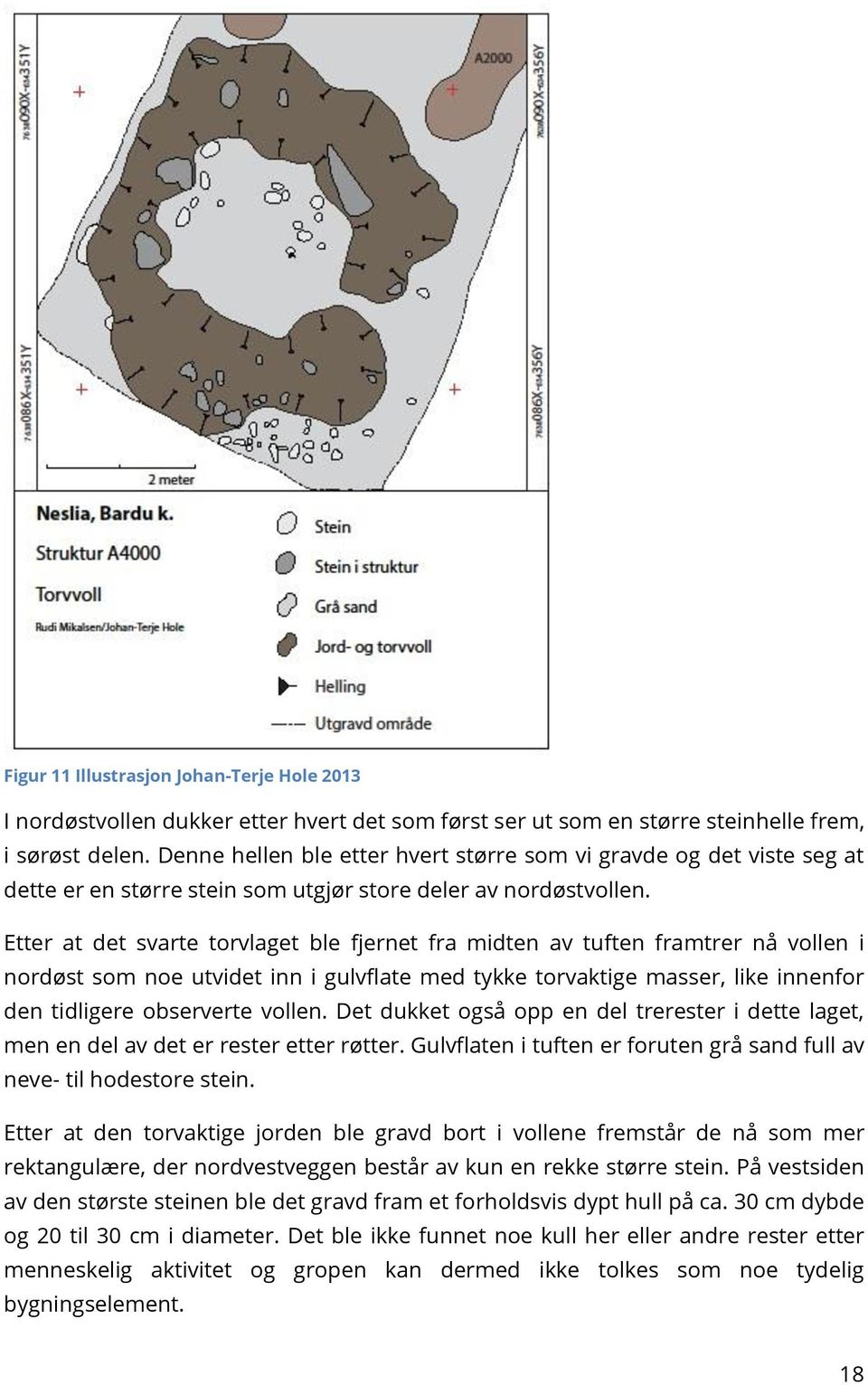 Etter at det svarte torvlaget ble fjernet fra midten av tuften framtrer nå vollen i nordøst som noe utvidet inn i gulvflate med tykke torvaktige masser, like innenfor den tidligere observerte vollen.