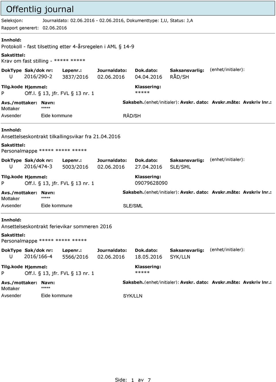 04.2016 nsettelseskontrakt tilkallingsvikar fra 21.04.2016 ersonalmappe 2016/474-3 5003/2016 27.04.2016