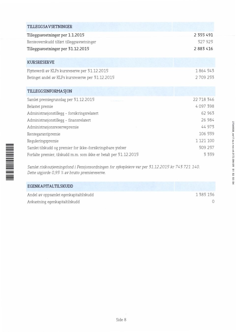 12.215 Belastet premie Administrasjonstillegg - forsikringsrelatert Administrasjonstillegg - íinansrelatert Administrasjonsreservepremie Rentegarantipremie Reguleringspremie Samlet tilskudd og