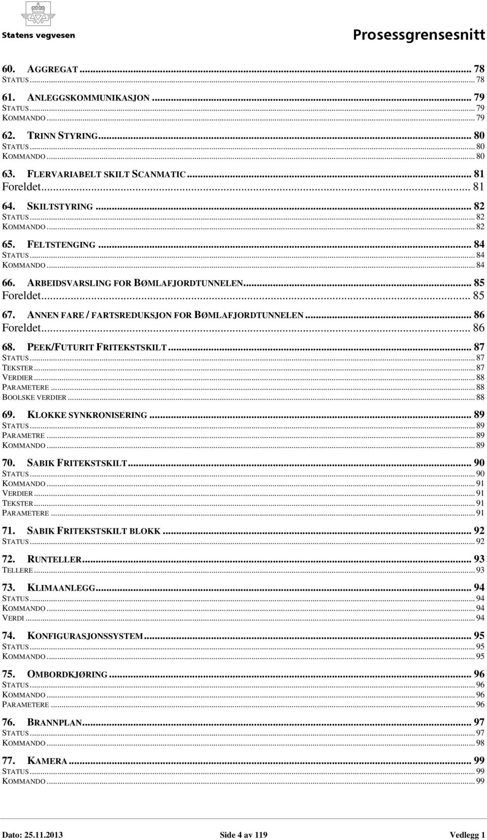 ANNEN FARE / FARTSREDUKSJON FOR BØMLAFJORDTUNNELEN... 86 Foreldet... 86 68. PEEK/FUTURIT FRITEKSTSKILT... 87 STATUS... 87 TEKSTER... 87 VERDIER... 88 PARAMETERE... 88 BOOLSKE VERDIER... 88 69.