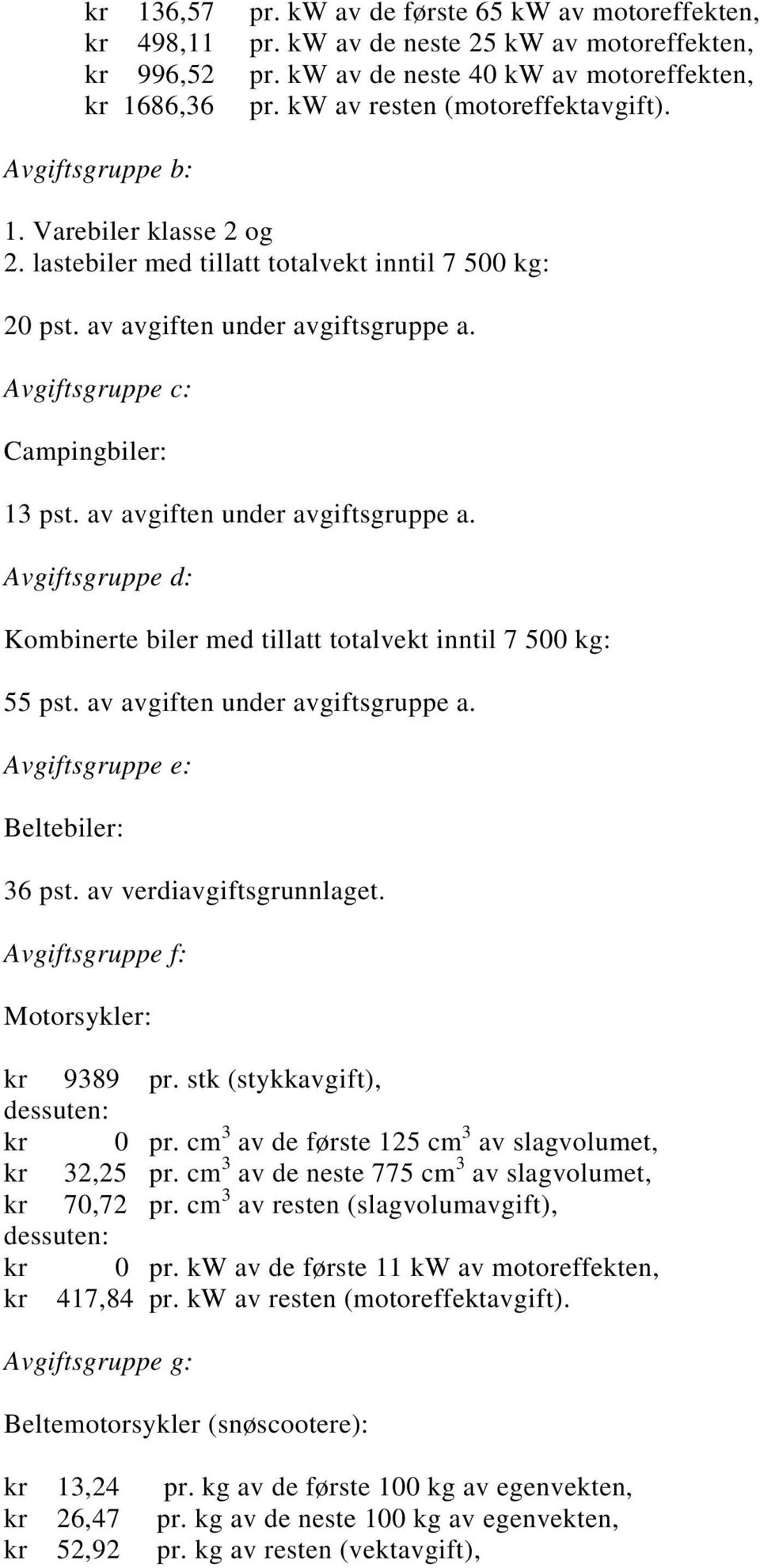 Avgiftsgruppe c: Campingbiler: 13 pst. av avgiften under avgiftsgruppe a. Avgiftsgruppe d: Kombinerte biler med tillatt totalvekt inntil 7 500 kg: 55 pst. av avgiften under avgiftsgruppe a. Avgiftsgruppe e: Beltebiler: 36 pst.