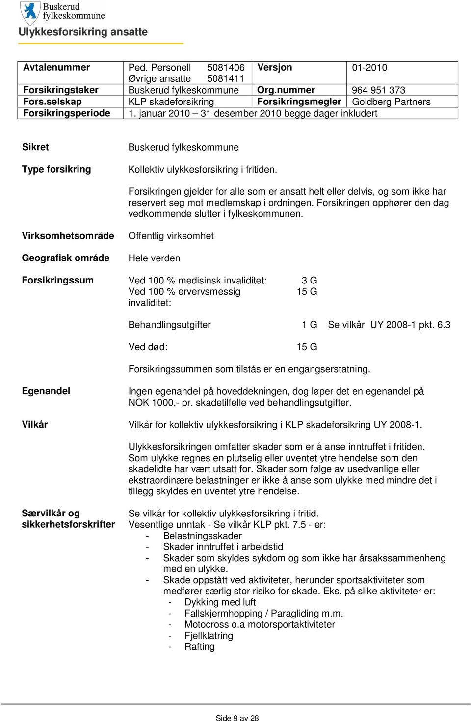 januar 2010 31 desember 2010 begge dager inkludert Sikret Type forsikring Buskerud fylkeskommune Kollektiv ulykkesforsikring i fritiden.