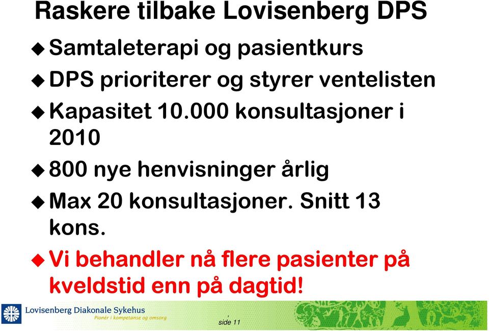 000 konsultasjoner i 2010 800 nye henvisninger årlig Max 20