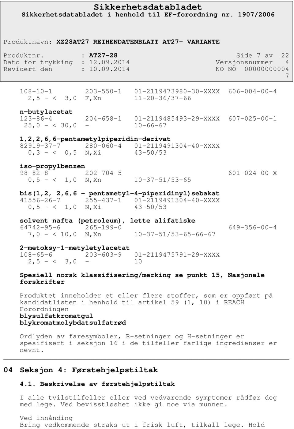 30,0-10-66-67 1,2,2,6,6-pentametylpiperidin-derivat 82919-37-7 280-060-4 01-2119491304-40-XXXX 0,3 - < 0,5 N,Xi 43-50/53 iso-propylbenzen 98-82-8 202-704-5 601-024-00-X 0,5 - < 1,0 N,Xn