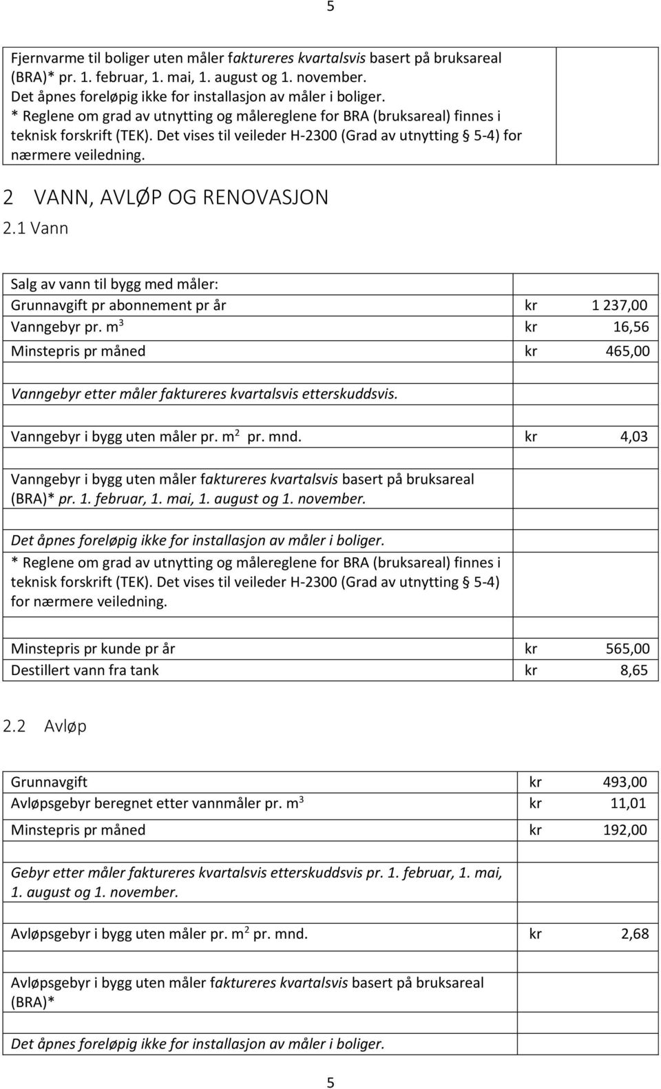 2 VANN, AVLØP OG RENOVASJON 2.1 Vann Salg av vann til bygg med måler: Grunnavgift pr abonnement pr år kr 1 237,00 Vanngebyr pr.