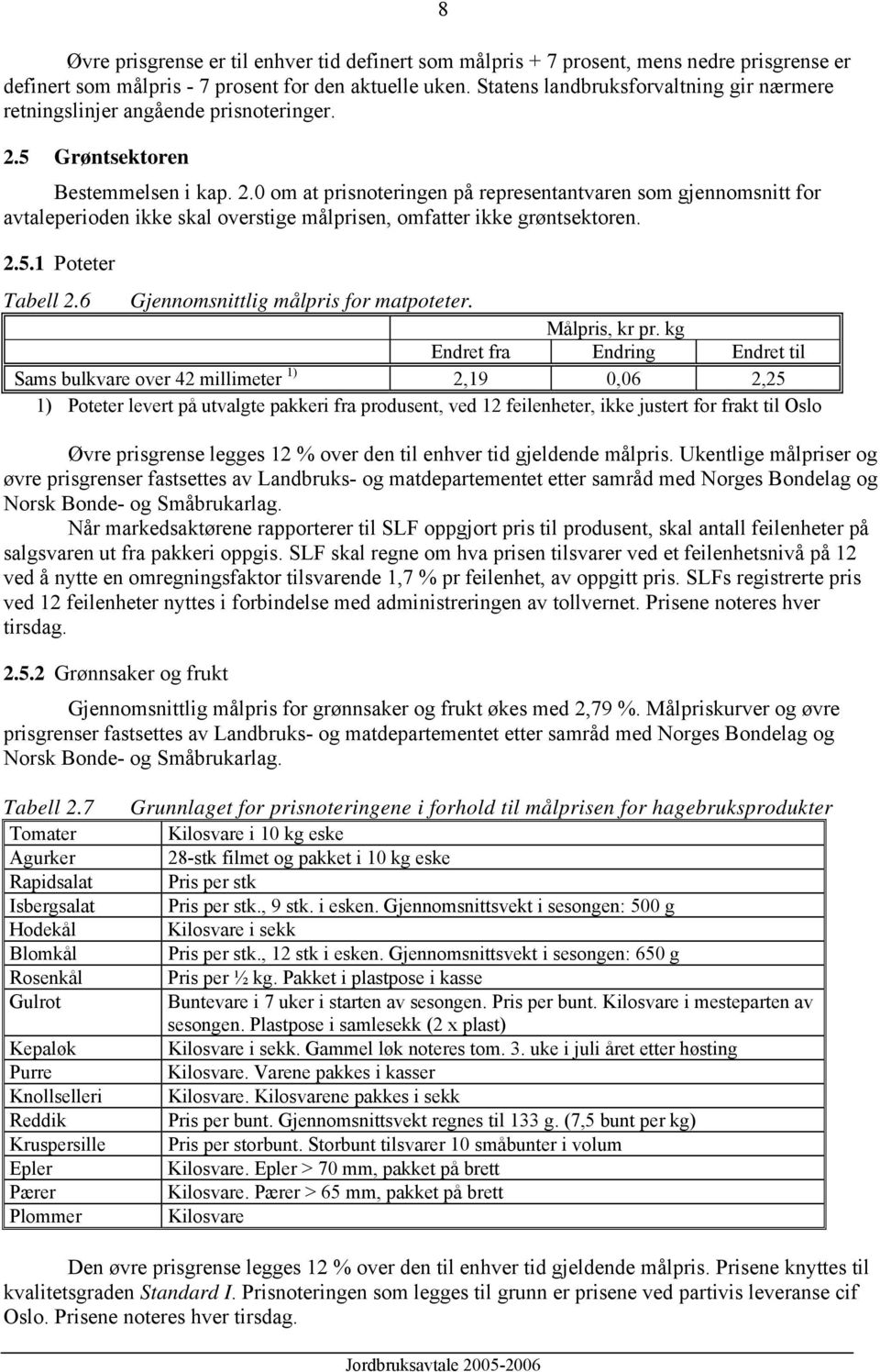 5 Grøntsektoren Bestemmelsen i kap. 2.0 om at prisnoteringen på representantvaren som gjennomsnitt for avtaleperioden ikke skal overstige målprisen, omfatter ikke grøntsektoren. 2.5.1 Poteter Tabell 2.