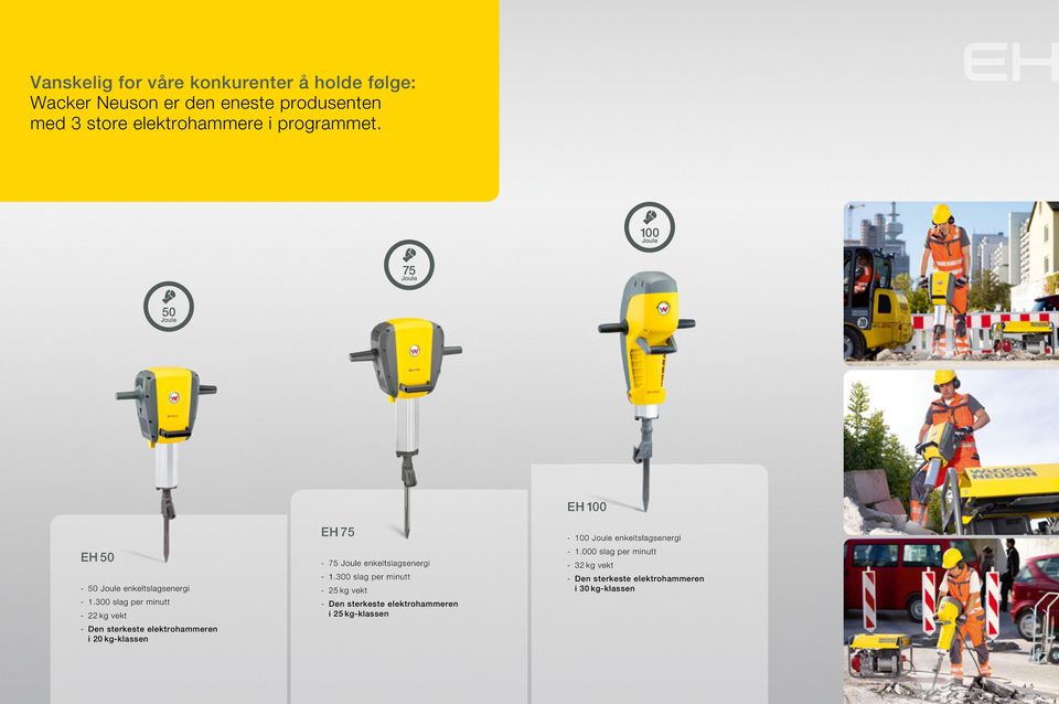 300 slag per minutt - 22 kg vekt - Den sterkeste elektrohammeren i 20 kg-klassen EH 75-75 Joule enkeltslagsenergi - 1.