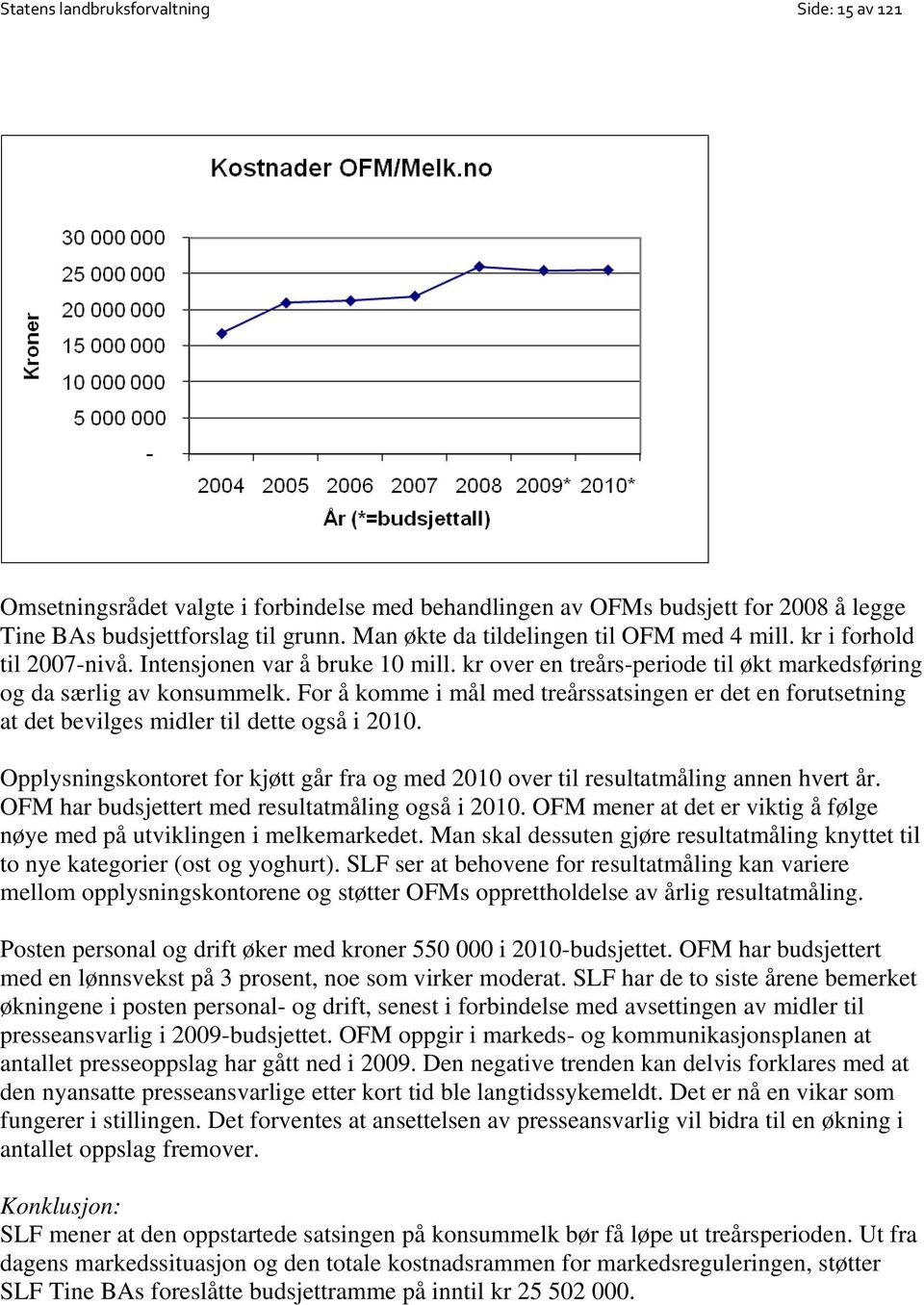 For å komme i mål med treårssatsingen er det en forutsetning at det bevilges midler til dette også i 2010. Opplysningskontoret for kjøtt går fra og med 2010 over til resultatmåling annen hvert år.