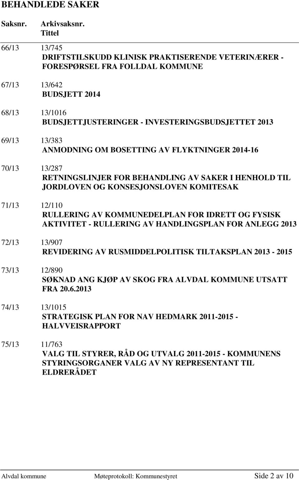 13/383 ANMODNING OM BOSETTING AV FLYKTNINGER 2014-16 70/13 13/287 RETNINGSLINJER FOR BEHANDLING AV SAKER I HENHOLD TIL JORDLOVEN OG KONSESJONSLOVEN KOMITESAK 71/13 12/110 RULLERING AV KOMMUNEDELPLAN