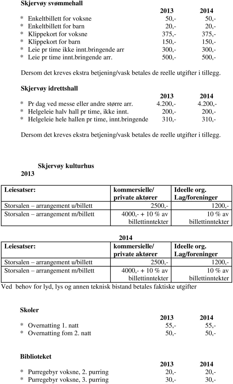 Skjervøy idrettshall * Pr dag ved messe eller andre større arr. 4.200,- 4.200,- * Helgeleie halv hall pr time, ikke innt. 200,- 200,- * Helgeleie hele hallen pr time, innt.