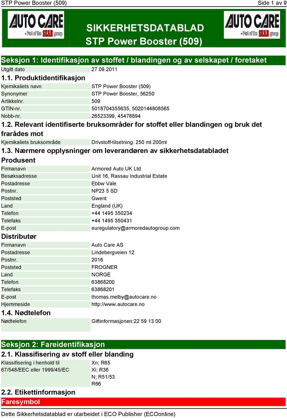 250 ml 200ml 1.3. Nærmere opplysninger om leverandøren av sikkerhetsdatabladet Produsent Firmanavn Armored Auto UK Ltd Besøksadresse Unit 16, Rassau Industrial Estate Postadresse Ebbw Vale Postnr.