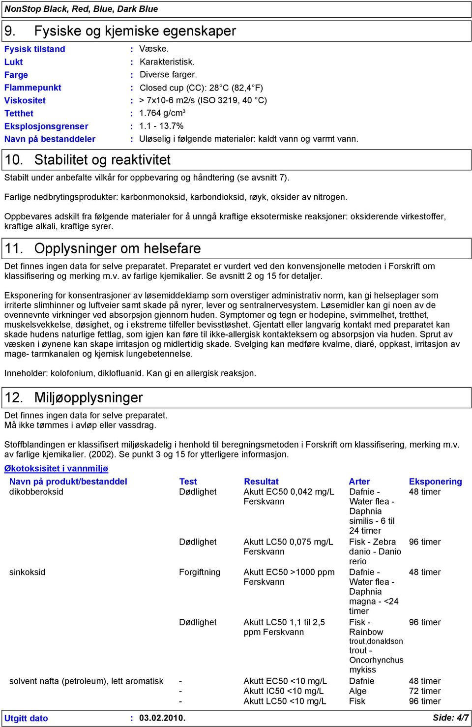 Stabilitet og reaktivitet Stabilt under anbefalte vilkår for oppbevaring og håndtering (se avsnitt 7). Farlige nedbrytingsprodukter karbonmonoksid, karbondioksid, røyk, oksider av nitrogen.