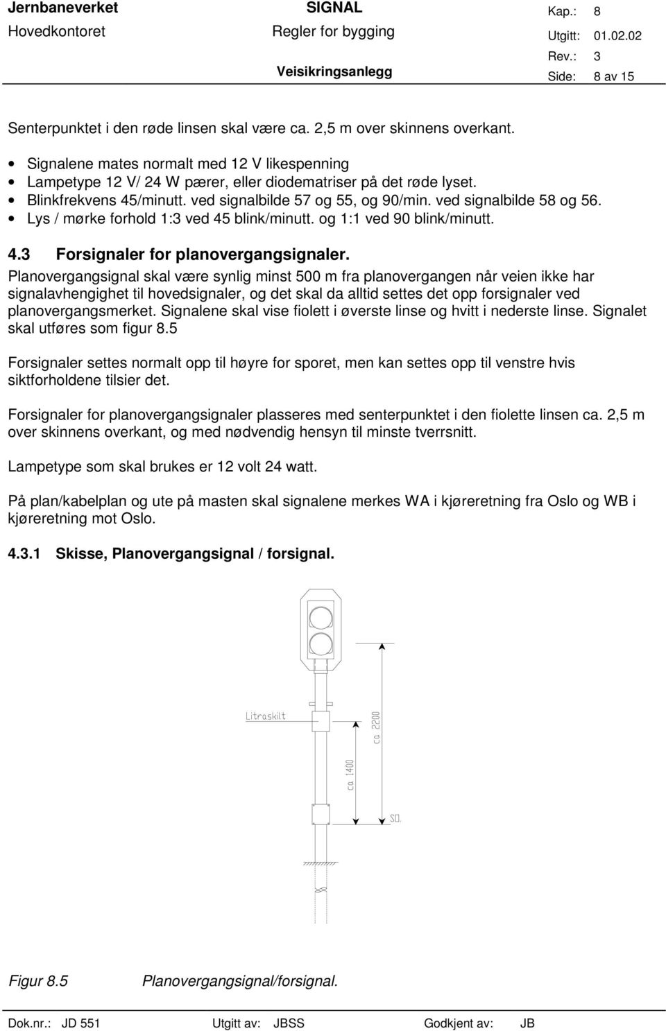 Lys / mørke forhold 1:3 ved 45 blink/minutt. og 1:1 ved 90 blink/minutt. 4.3 Forsignaler for planovergangsignaler.