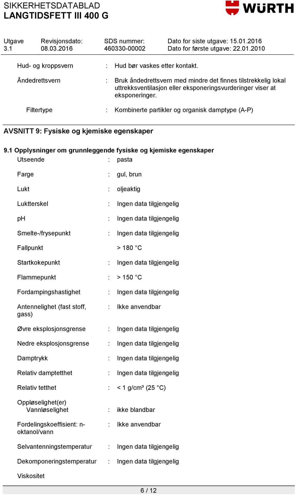 Filtertype : Kombinerte partikler og organisk damptype (A-P) AVSNITT 9: Fysiske og kjemiske egenskaper 9.