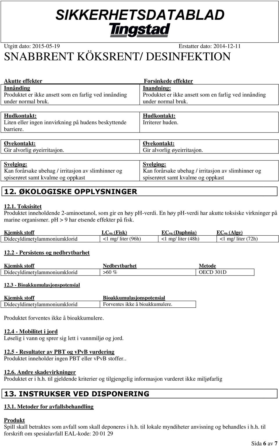 ph > 9 har etsende effekter på fisk. Kjemisk stoff LC 50 (Fisk) EC 50 (Daphnia) EC 50 (Alge) Didecyldimetylammoniumklorid <1 mg/ liter (96h) <1 mg/ liter (48h) <1 mg/ liter (72h) 12.