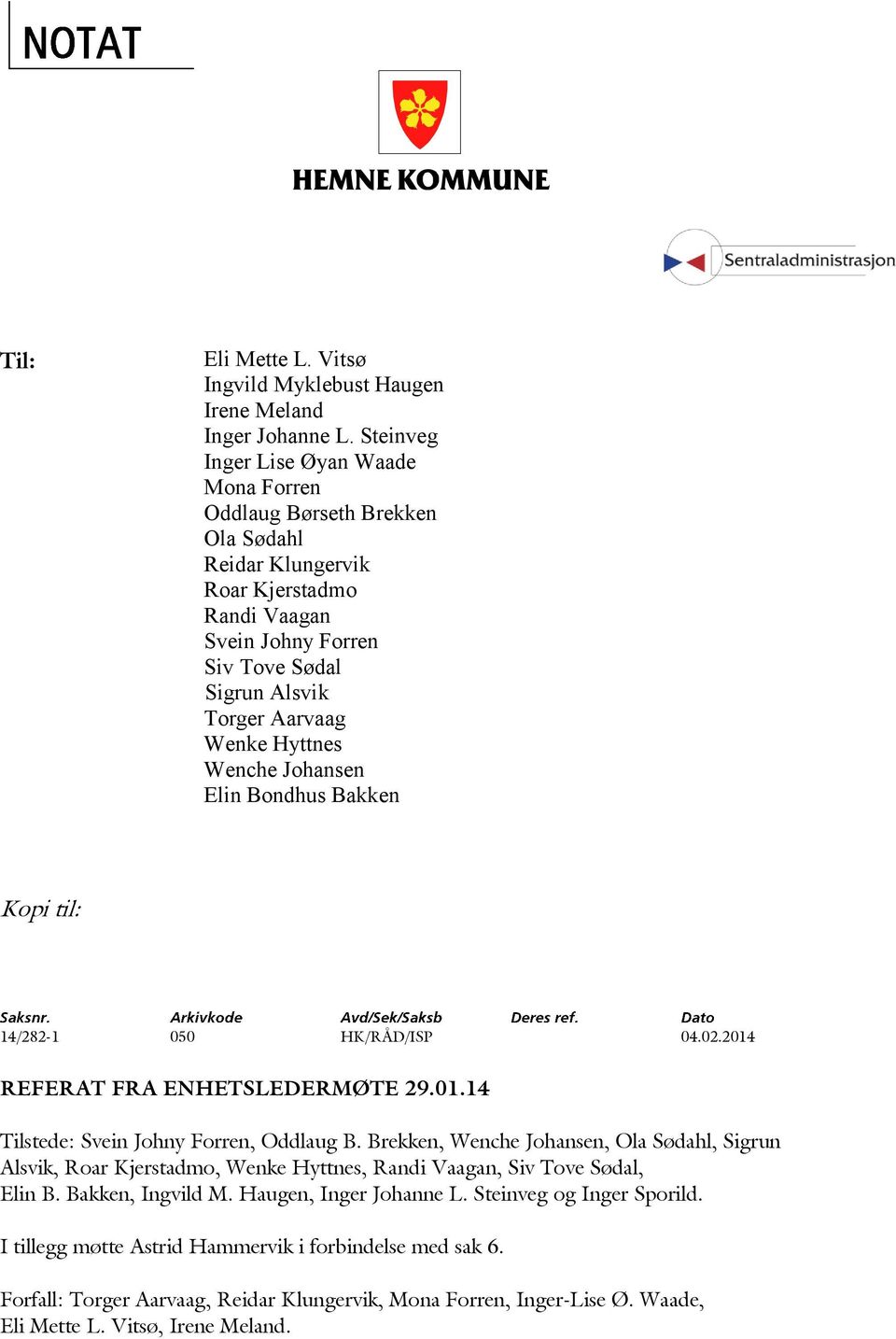 Hyttnes Wenche Johansen Elin Bondhus Bakken Kopi til: 14/282-1 050 HK/RÅD/ISP 04.02.2014 REFERAT FRA ENHETSLEDERMØTE 29.01.14 Tilstede: Svein Johny Forren, Oddlaug B.