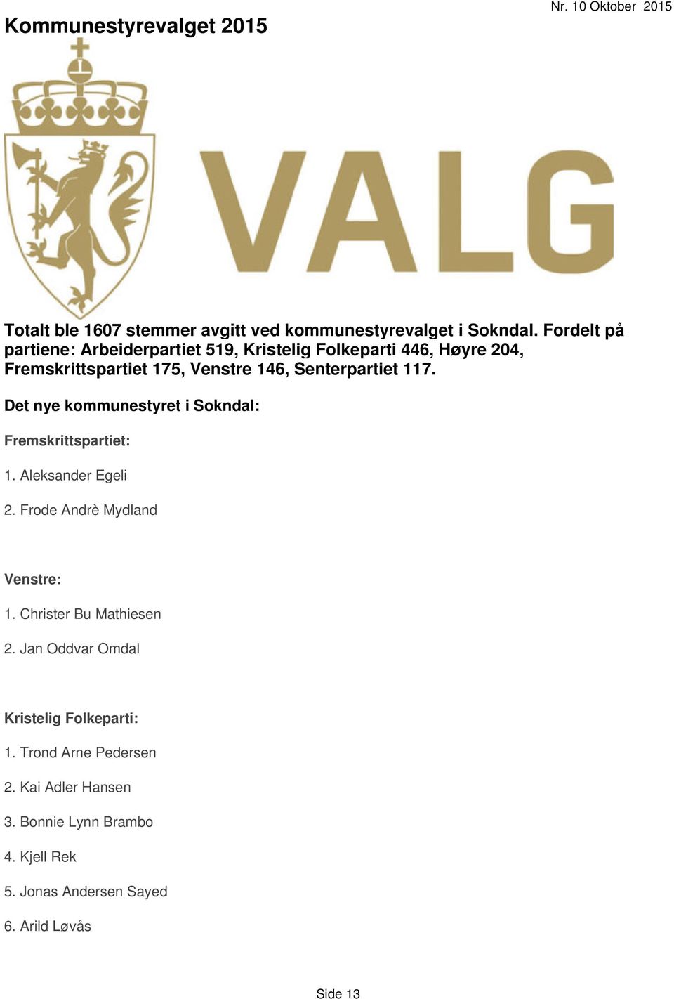 Det nye kommunestyret i Sokndal: Fremskrittspartiet: 1. Aleksander Egeli 2. Frode Andrè Mydland Venstre: 1. Christer Bu Mathiesen 2.