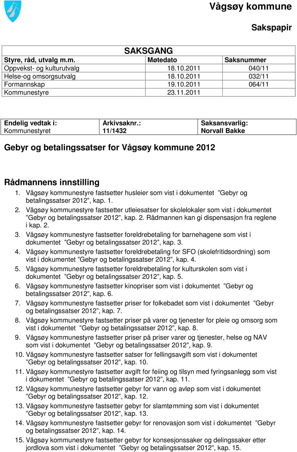 Vågsøy kommunestyre fastsetter husleier som vist i dokumentet Gebyr og betalingssatser 20