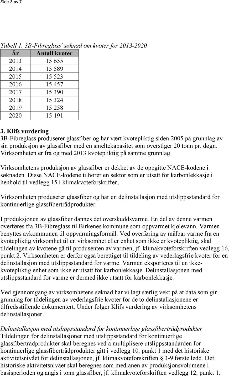 Virksomheten er fra og med 2013 kvotepliktig på samme grunnlag. Virksomhetens produksjon av glassfiber er dekket av de oppgitte NACE-kodene i søknaden.