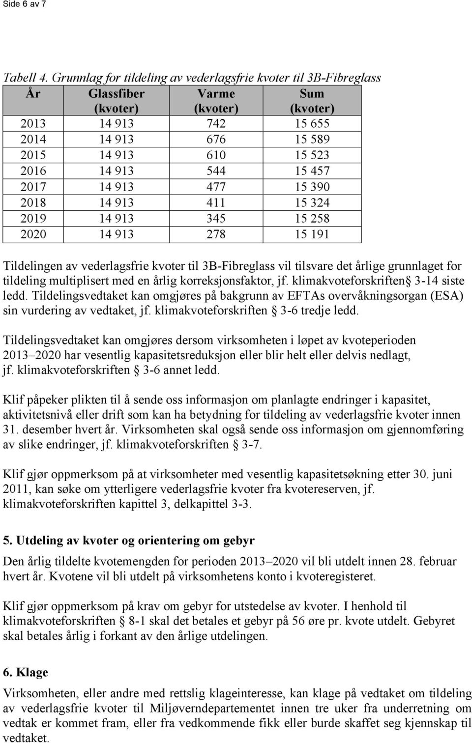 390 2018 14 913 411 15 324 2019 14 913 345 15 258 2020 14 913 278 15 191 Tildelingen av vederlagsfrie kvoter til 3B-Fibreglass vil tilsvare det årlige grunnlaget for tildeling multiplisert med en