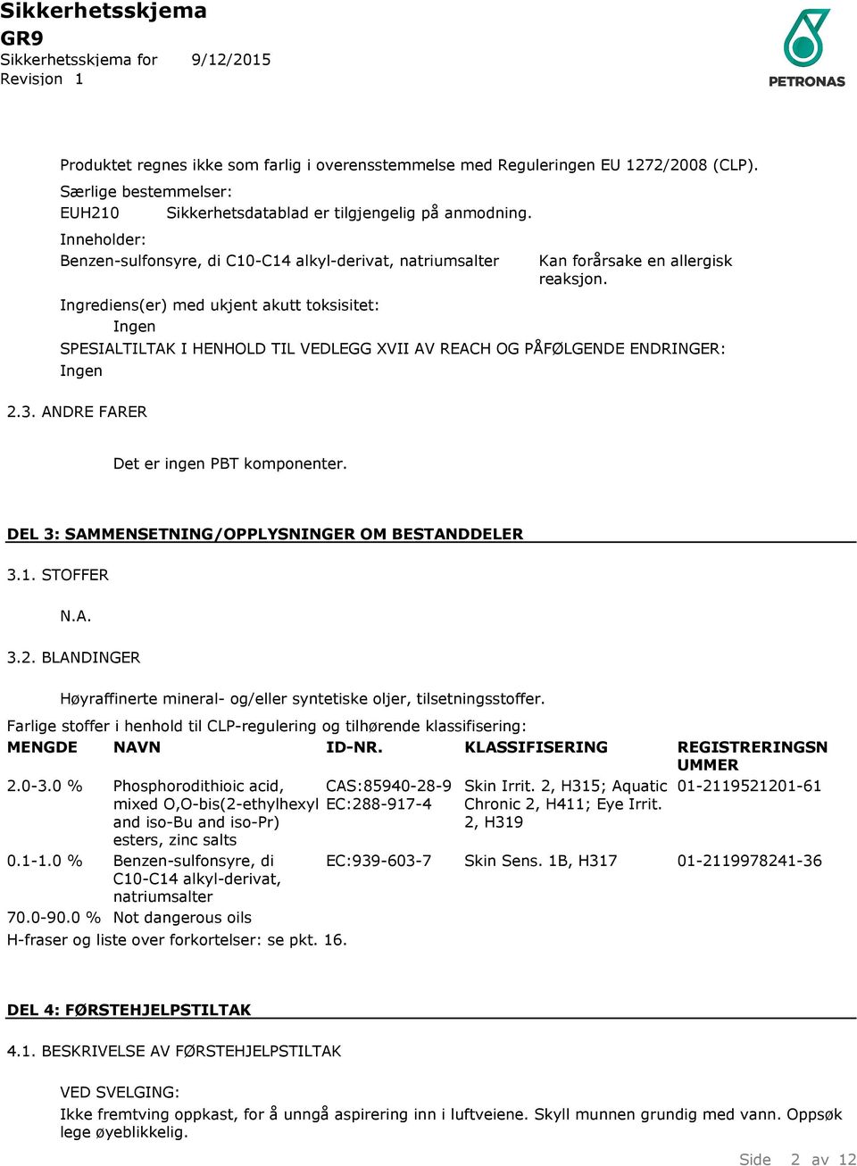 Ingrediens(er) med ukjent akutt toksisitet: Ingen SPESIALTILTAK I HENHOLD TIL VEDLEGG XVII AV REACH OG PÅFØLGENDE ENDRINGER: Ingen 2.3. ANDRE FARER Det er ingen PBT komponenter.