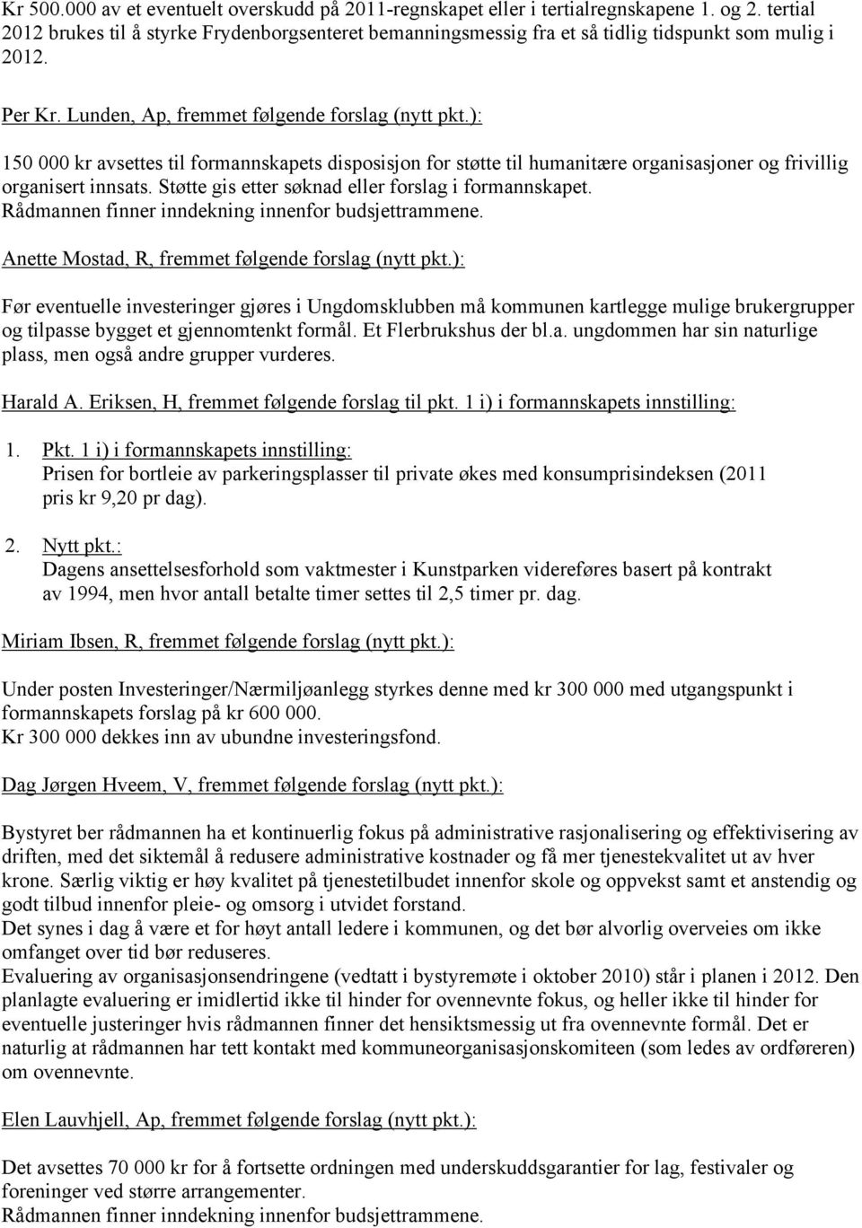 ): 150 000 kr avsettes til formannskapets disposisjon for støtte til humanitære organisasjoner og frivillig organisert innsats. Støtte gis etter søknad eller forslag i formannskapet.