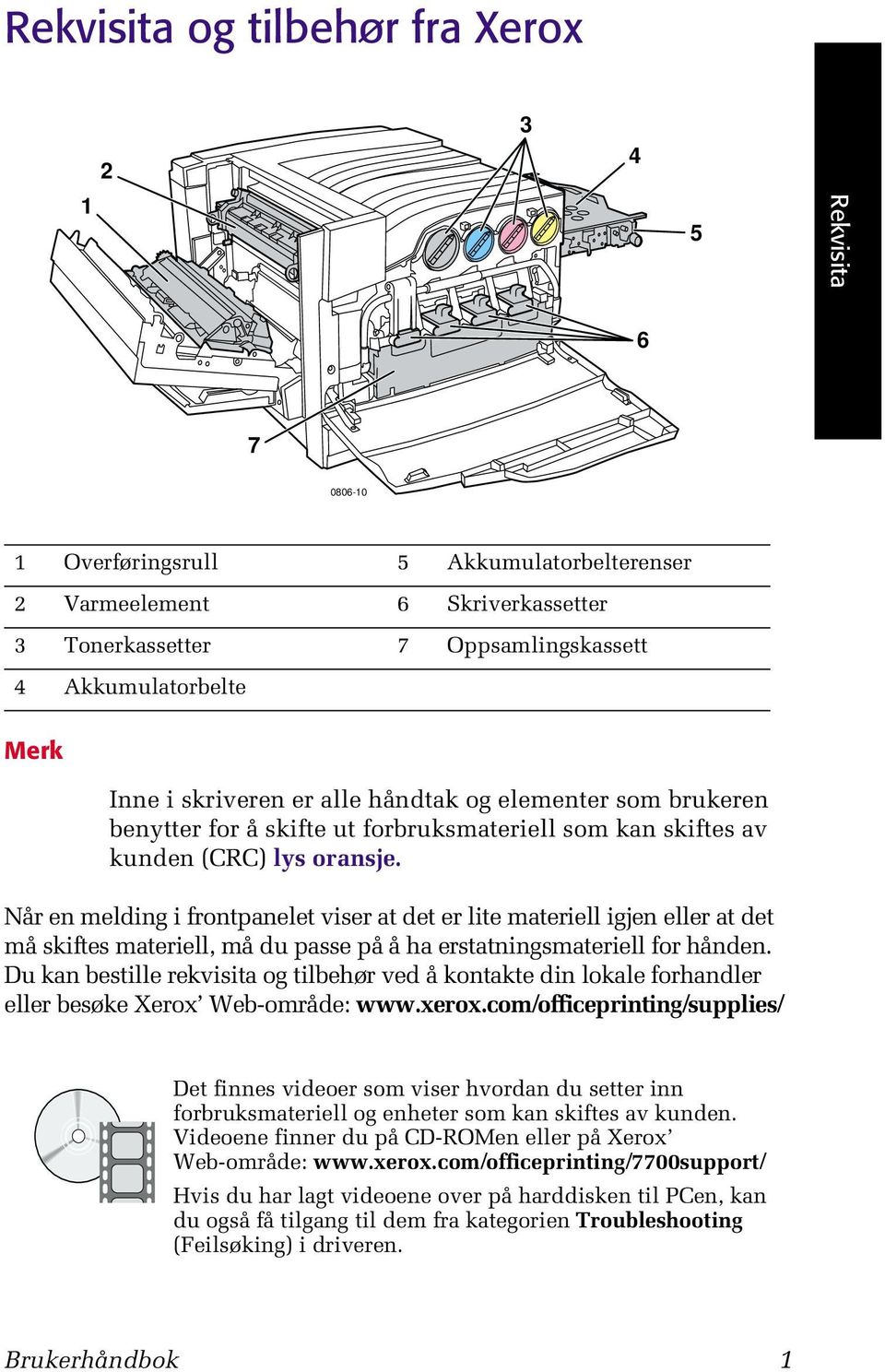 Når en melding i frontpanelet viser at det er lite materiell igjen eller at det må skiftes materiell, må du passe på å ha erstatningsmateriell for hånden.