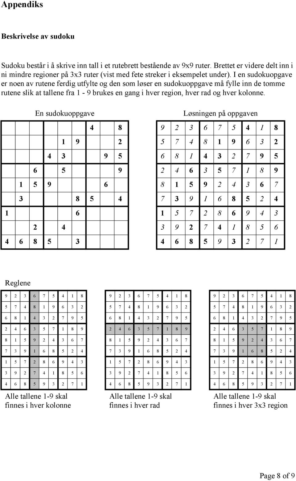 I en sudokuopgave er noen av rutene ferdig utfylte og den som løser en sudokuoppgave må fylle inn de tomme rutene slik at tallene fra 1-9 brukes en gang i hver region, hver rad og hver kolonne.