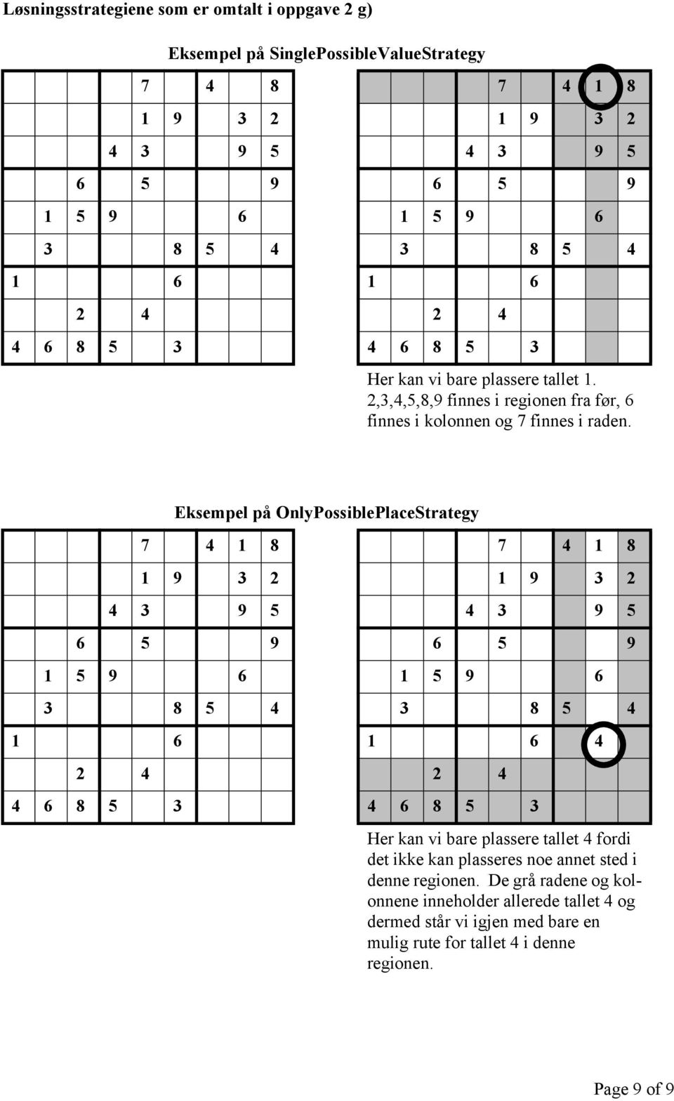 Eksempel på OnlyPossiblePlaceStrategy 7 4 1 8 7 4 1 8 1 9 3 2 1 9 3 2 4 3 9 5 4 3 9 5 6 5 9 6 5 9 1 5 9 6 1 5 9 6 3 8 5 4 3 8 5 4 1 6 1 6 4 2 4 2 4 4 6 8 5 3 4 6 8 5 3 Her kan vi bare