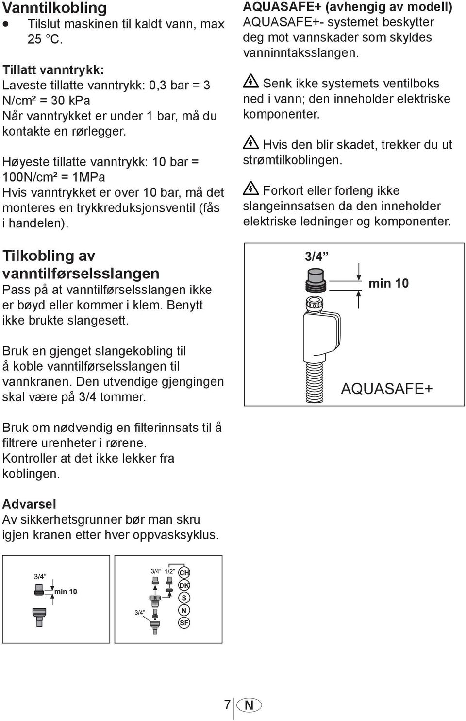 AQUASAFE+ (avhengig av modell) AQUASAFE+- systemet beskytter deg mot vannskader som skyldes vanninntaksslangen. Senk ikke systemets ventilboks ned i vann; den inneholder elektriske komponenter.