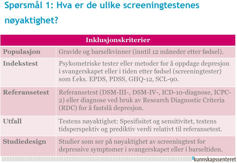 Psykometriske tester eller metoder for å oppdage depresjon i svangerskapet eller i tiden etter fødsel (screeningtester) som f.eks. EPDS, PDSS, GHQ-12, SCL-90.