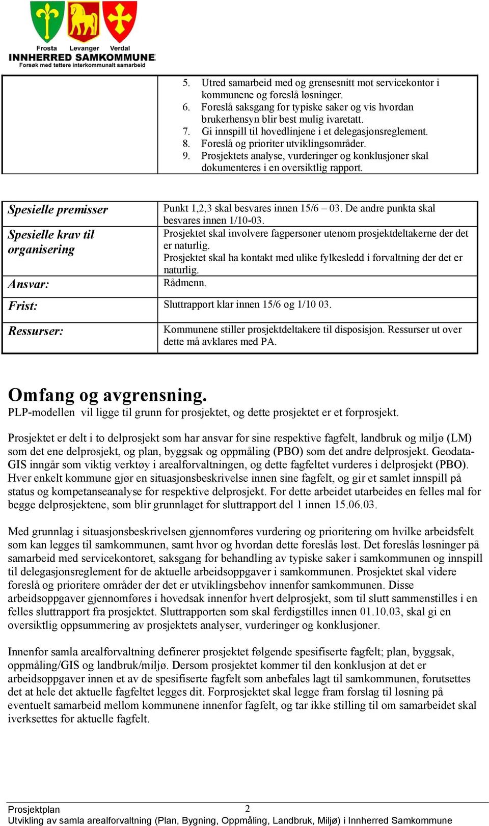 Spesielle premisser Spesielle krav til organisering Ansvar: Punkt 1,2,3 skal besvares innen 15/6 03. De andre punkta skal besvares innen 1/10-03.