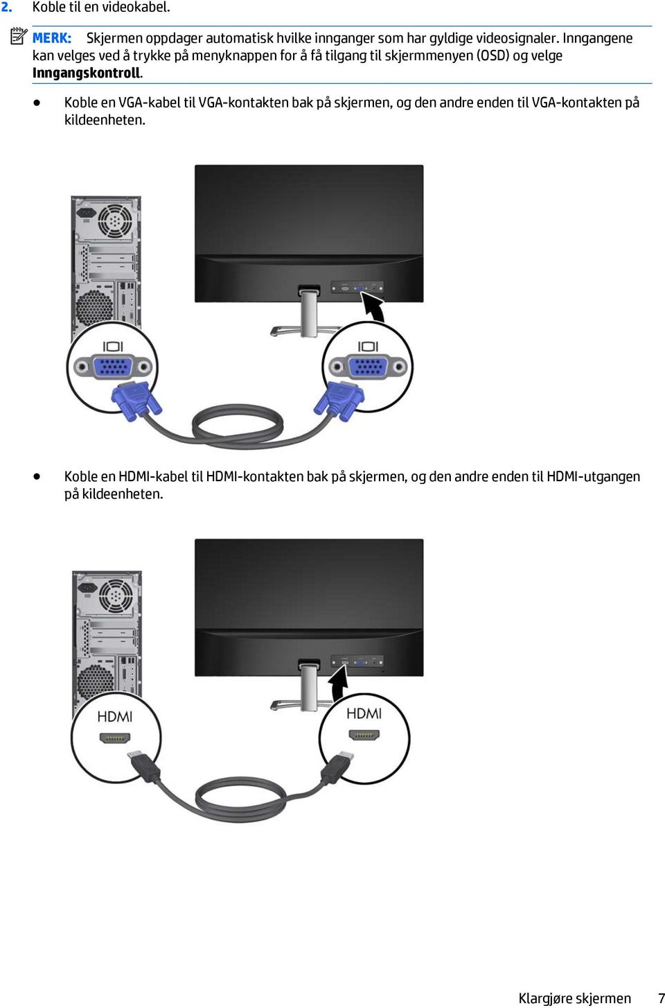 Koble en VGA-kabel til VGA-kontakten bak på skjermen, og den andre enden til VGA-kontakten på kildeenheten.
