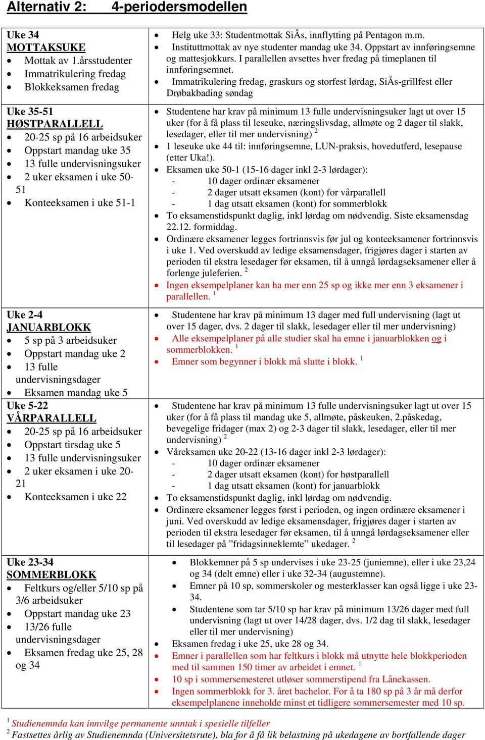 uke 51-1 Uke 2-4 JANUARBLOKK 5 sp på 3 arbeidsuker Oppstart mandag uke 2 13 fulle Eksamen mandag uke 5 Uke 5-22 VÅRPARALLELL 20-25 sp på 16 arbeidsuker Oppstart tirsdag uke 5 13 fulle