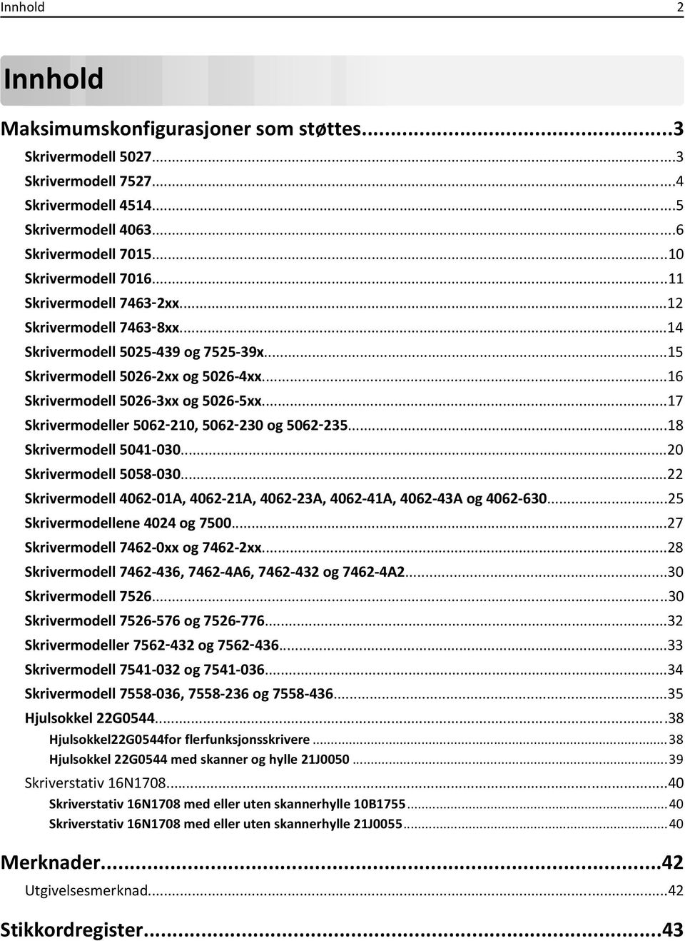 ..17 Skrivermodeller 5062 210, 5062 230 og 5062 235...18 Skrivermodell 5041-030...20 Skrivermodell 5058-030...22 Skrivermodell 4062-01A, 4062-21A, 4062-23A, 4062-41A, 4062-43A og 4062-630.