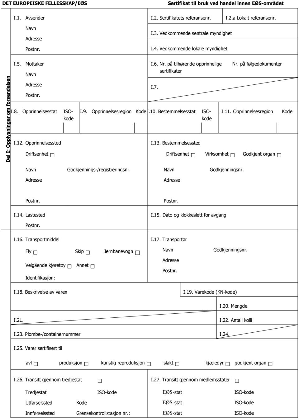 Opprinnelsesregion Kode I.10. Bestemmelsesstat ISOkode ISOkode I.11. Opprinnelsesregion Kode I.12. Opprinnelsessted Driftsenhet I.13.
